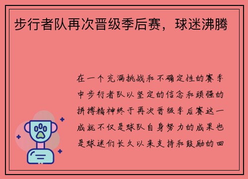 步行者队再次晋级季后赛，球迷沸腾