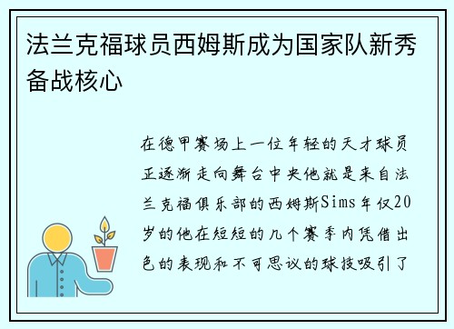 法兰克福球员西姆斯成为国家队新秀备战核心