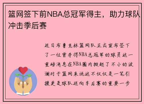 篮网签下前NBA总冠军得主，助力球队冲击季后赛